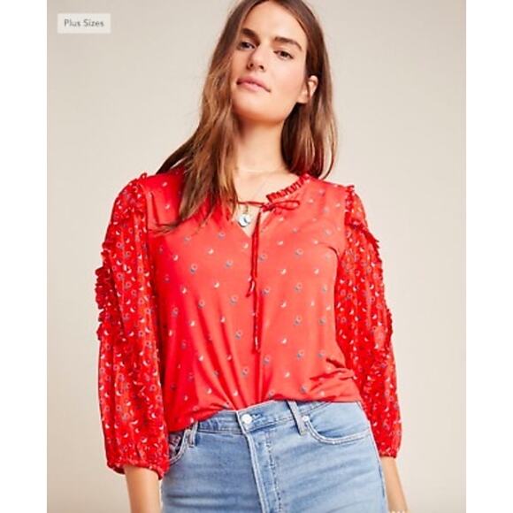 Anthropologie Jacquin Peasant Blouse Women's Top Shirt Red Circles Maeve Large - Picture 1 of 6